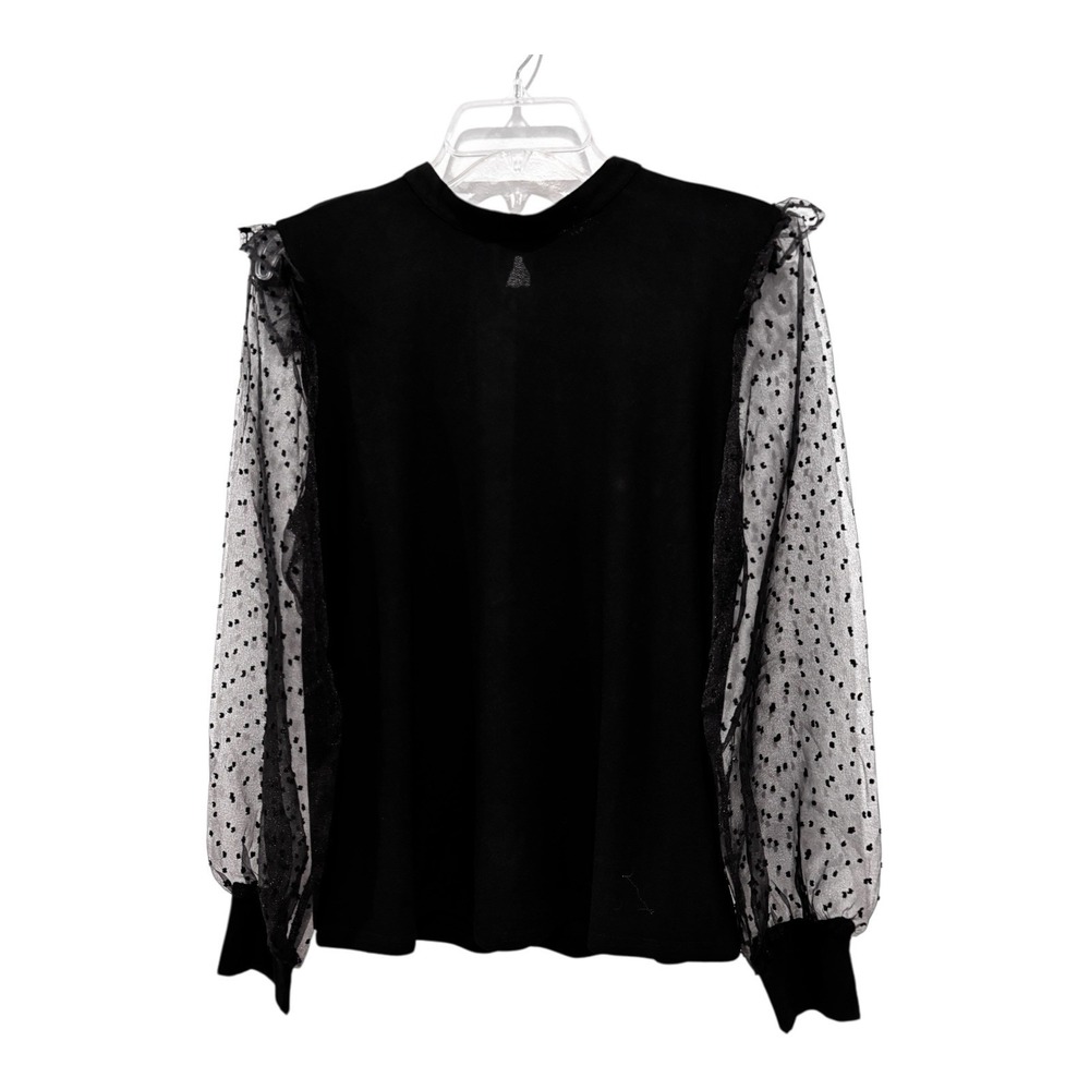 Flower & Feather Blouse Black Flocked Organza Sheer Sleeves Large Elegant Formal